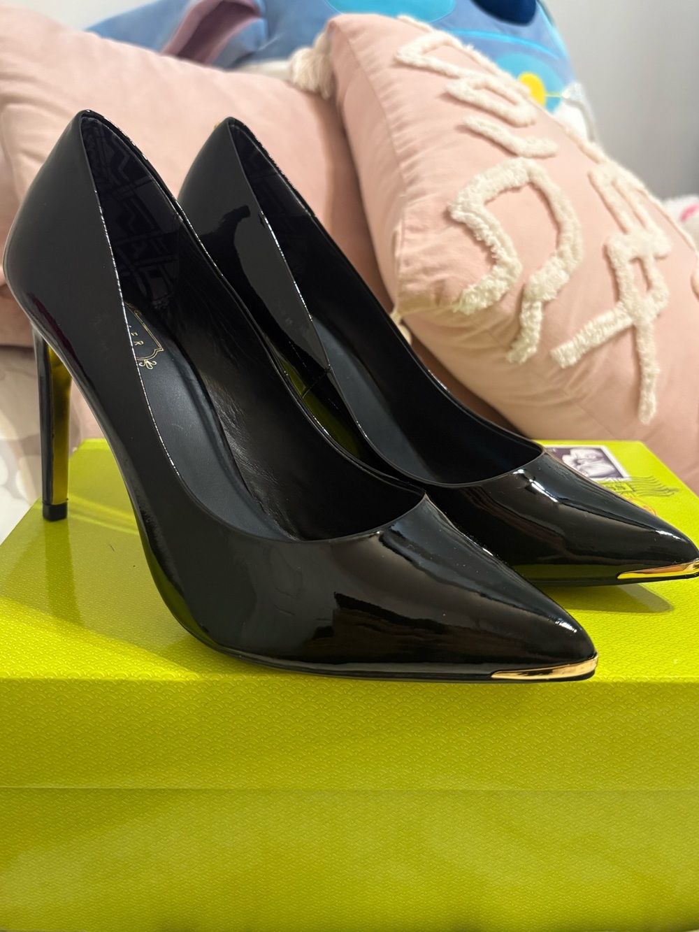 Ted Baker London Black Patent Pointed-Toe Pumps with Gold Toe Detail